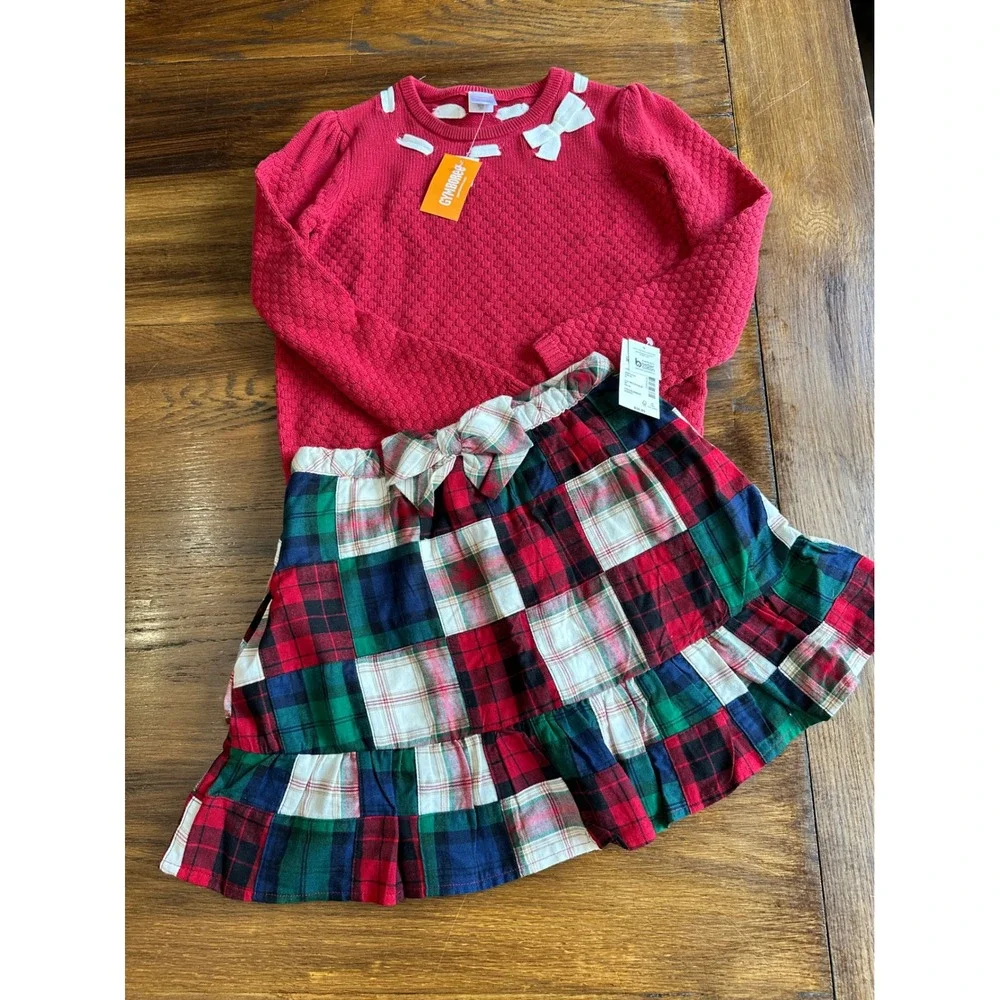 Gymboree Girls Red Popcorn Knit Sweater and Plaid Patchwork Skirt Set Size 10